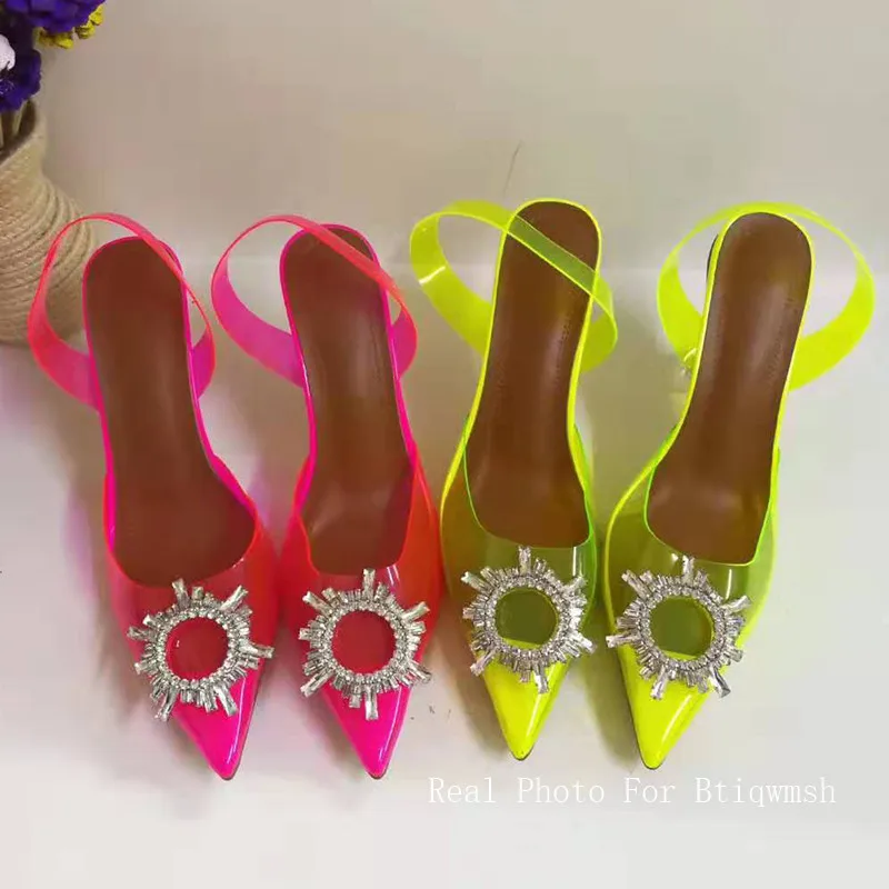 Rhinestone Pink Transparent Sandals Women Pointed Toe Crystal Sun Flower Strange High Heels Shoes Woman Fashion Party Shoes