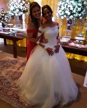 

Simple A-Line Off the Shoulder Wedding Dresses Floor Length Lace Long Sleeves Bridal Gowns 2020 Custom Made