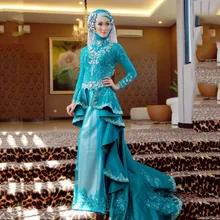 2017 Gorgeous High Neck Blue Mermaid Evening Dresses 2017 hijab beaded crystal formal gown prom dresses vestido de festa