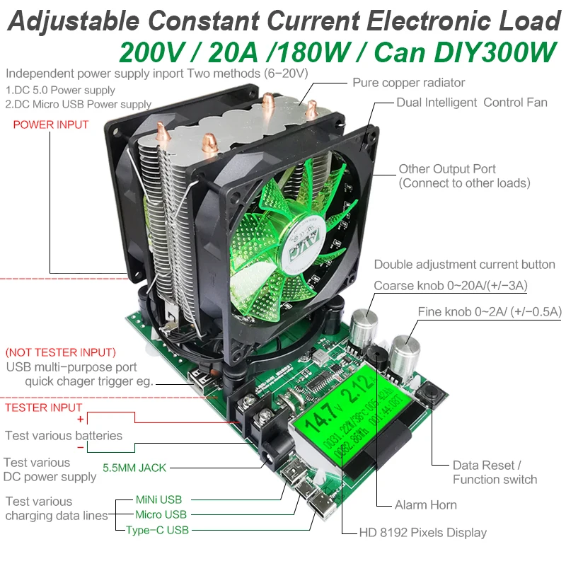 Цифровой тестер емкости батареи 180 Вт индикатор электропитания 12 В постоянного
