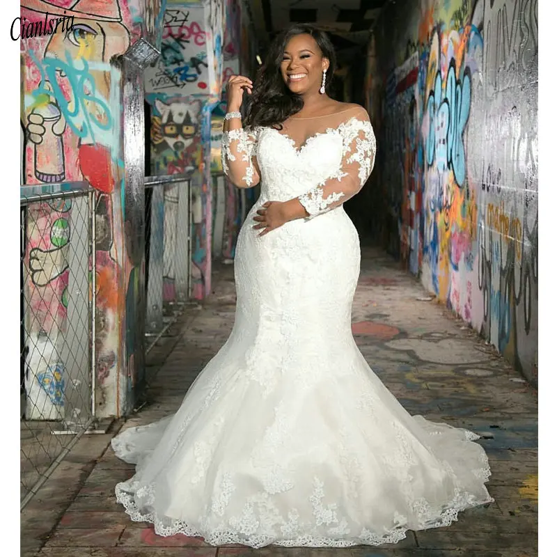

2019 New Arrival Long Sleeves Plus Size Mermaid Wedding Dress V Neck Lace Appliques Wedding Gowns Custom Made