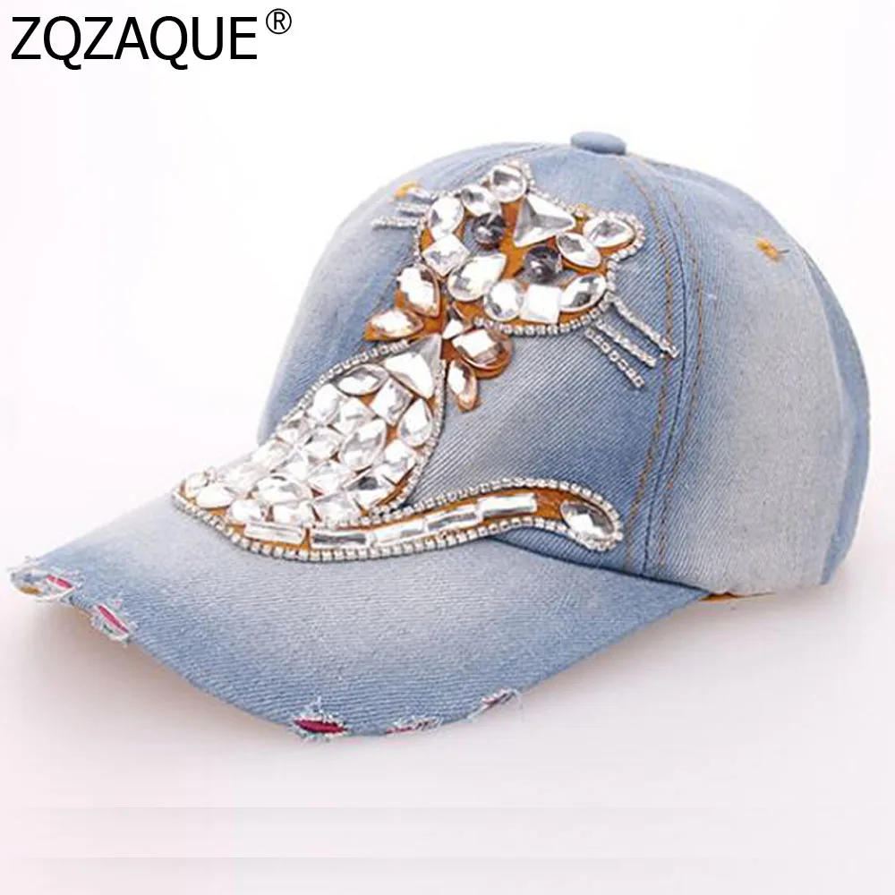 Diamonds Decor Cute Cat Girls Denim Hats Womens Summer Manural Drill Baseball Caps Exquisite,02