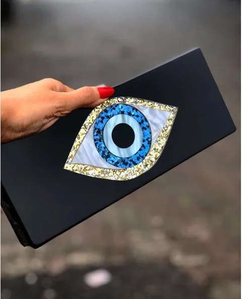 Solid Black Patchwork Glitter Evil Eye  Acrylic PVC Plastic Box Clutches Summer Beach Travel Evening Handbags Women Acrylic Bags