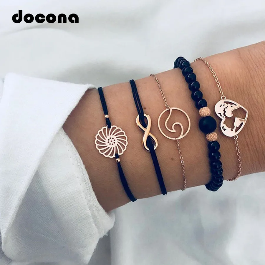 

Docona Bohemia Gold Color Map Heart Wave Bracelet Set for Women Black Beadeds Chains Rope Adjustable Bracelets Bangle Sets 6921