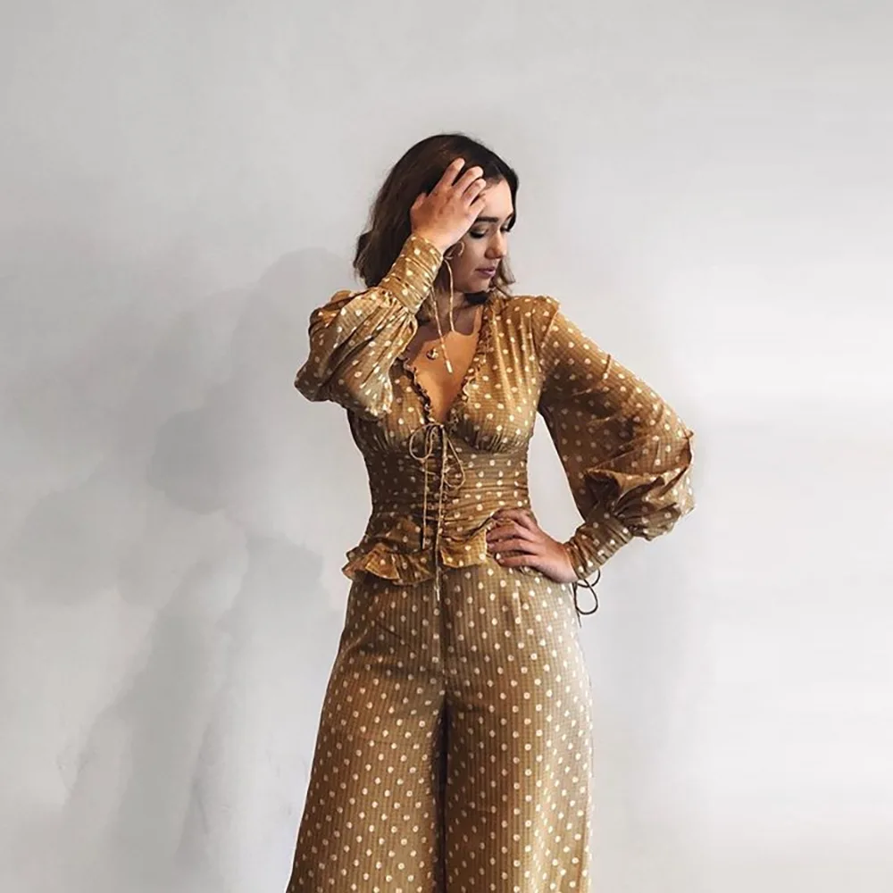 Cryptographic Casual Polka Dot Drawstring Ruched Female Shirts Fashion Lantern Long Sleeve V-Neck Woman Blouses Autumn 2019