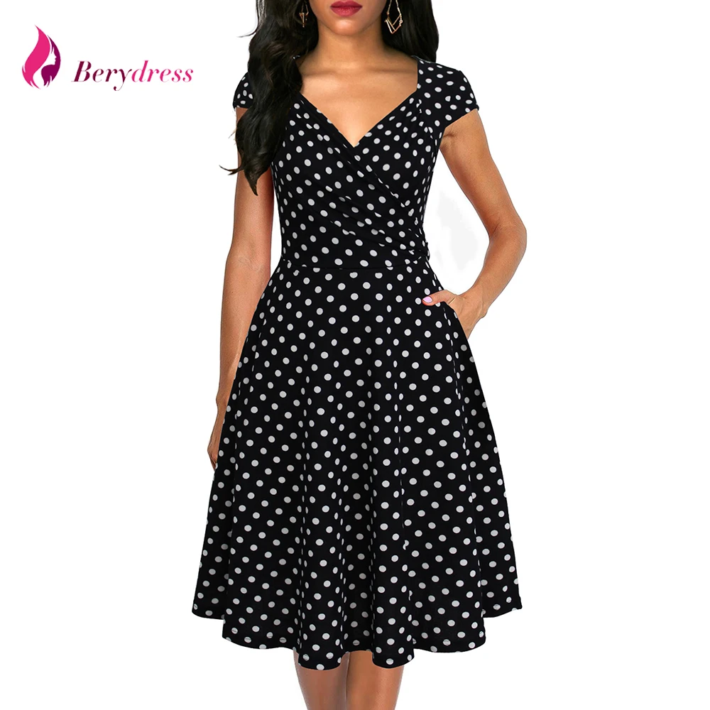 

Berydress Womens Cap Sleeve Ruched Dress Polka Dot A-line Puffy Swing Skater Vestidos Wedding Party Summer Flared Dress Pocket