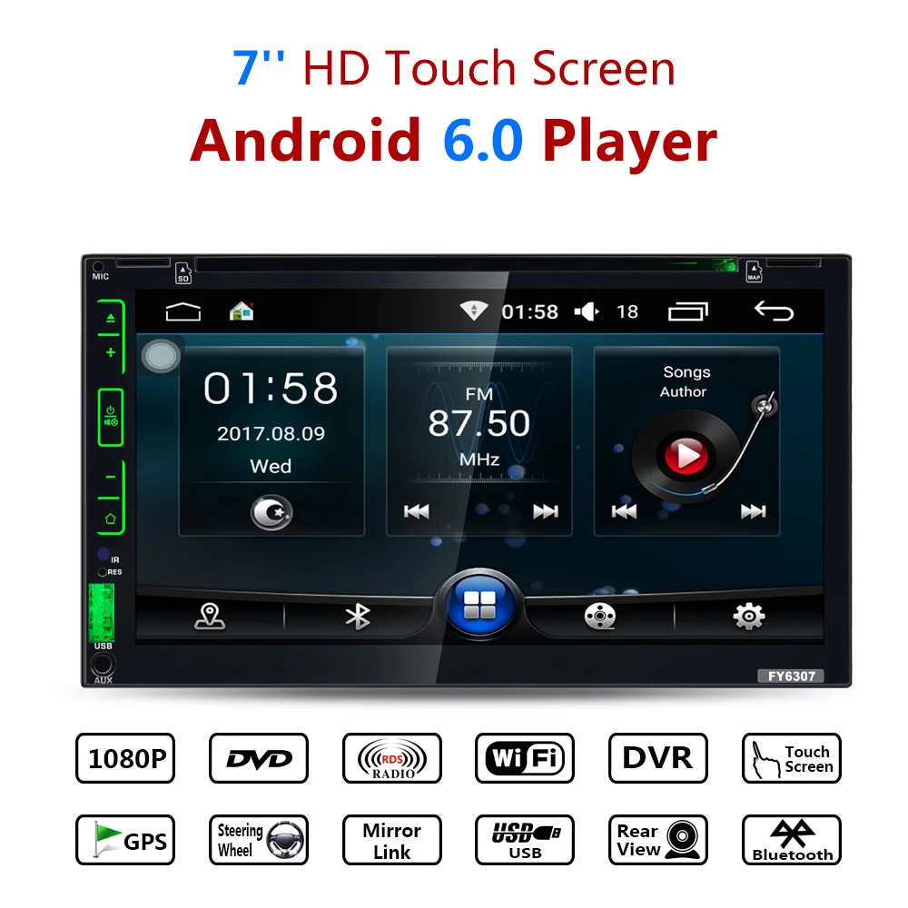 Универсальный " двойной 2 DIN сенсорный экран Android 6,0 четырехъядерный 1+ 16G Автомобильный dvd-плеер Радио Стерео gps wifi OBD Зеркало Ссылка