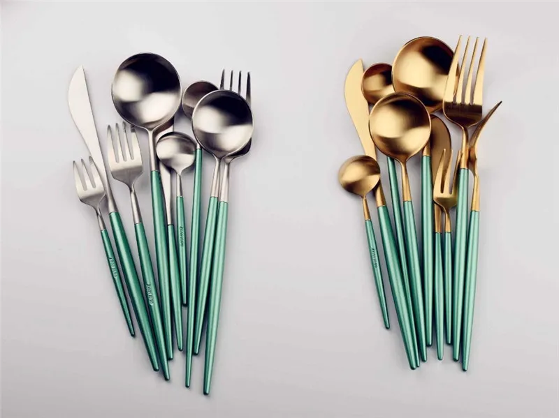 4PCS/Set Cutlery Stainless Steel Green Gold Silver Two Colors Dinnerware Set Dinner Fork Knife Scoops 4PCS Cutlery Set