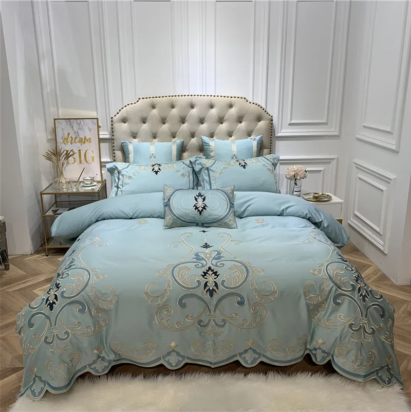 Best luxury blue Embroidered 100S Egyptian cotton Royal Bedding sets Queen King Princess Duvet Bed sheet set Pillowcases 4 6pcs
