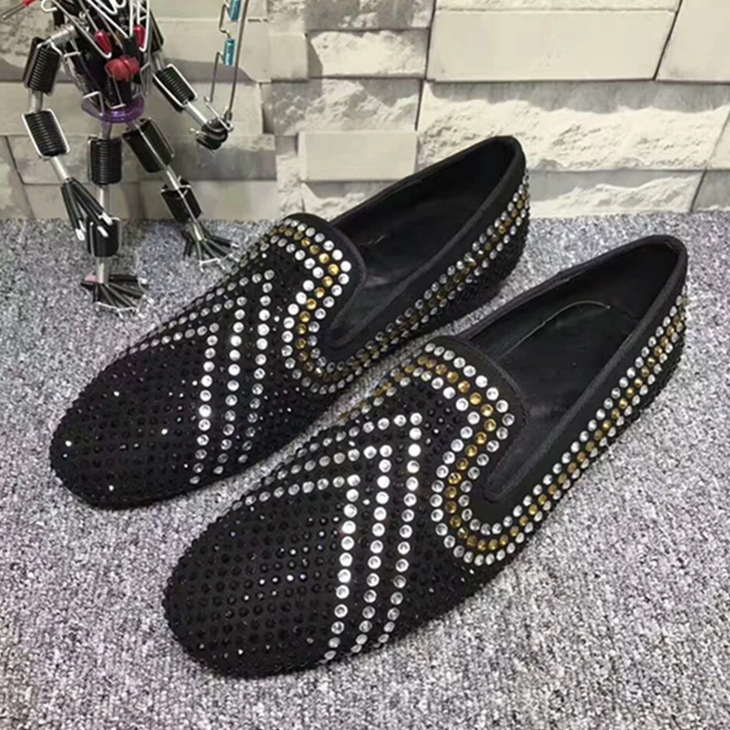 

2018 Men Loafers Fashion Rhinestone Wedding Dress Shoes Party Banquet Italian Smoking Slippers Mens Flats Slip On Plus Size 12
