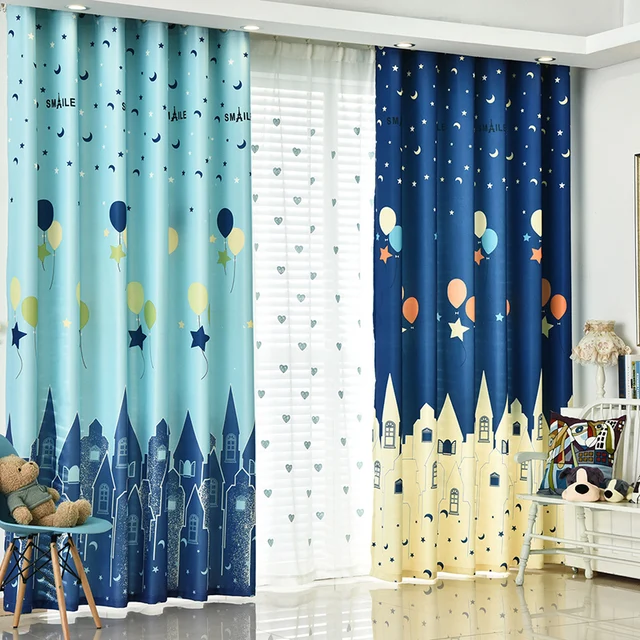 us $38.46 38% off|mediterranean children room blue cartoon castle balloon  curtains cotton polyester boys kids bedroom living room window curtain-in