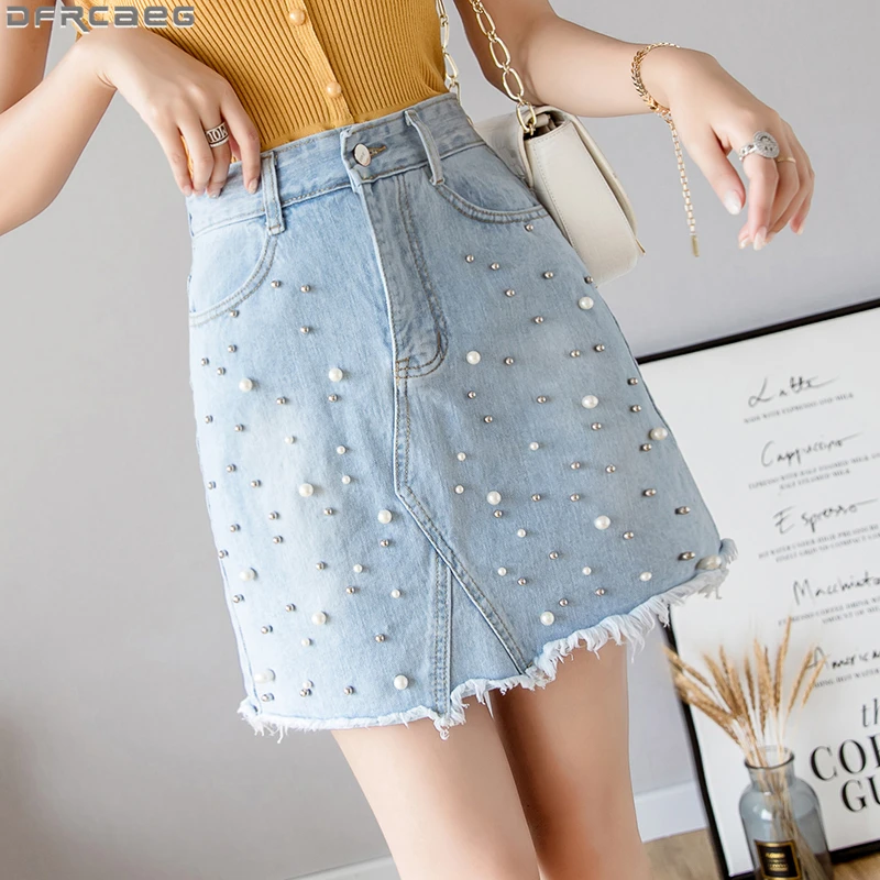 

New Irregular Denim Skirt Pearl High Waist Skirt Mini Tassel Jeans Skirts Pocket Practical Pocket A-line Korean Style Women Saia