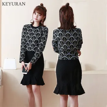 

2020 Autumn Winter New Print Pattern Knit Sweater + Mermaid Skirt Women 2pcs Clothing Sets OL Casual Knitting Skirt Suits L2456