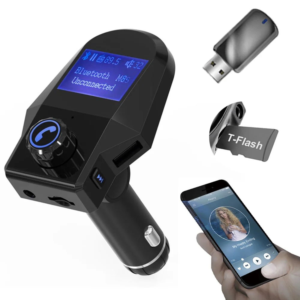 

FM Transmitter Aux Output Bluetooth Handsfree Car Kit A2DP Music MP3 Player Noise Cancellation 2-USB Charger with TF Card Slot