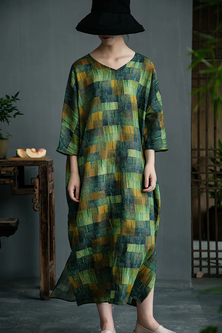 Trendy Forest Green Color Blocks Print V Neck Pure Ramie Linen Dress ...