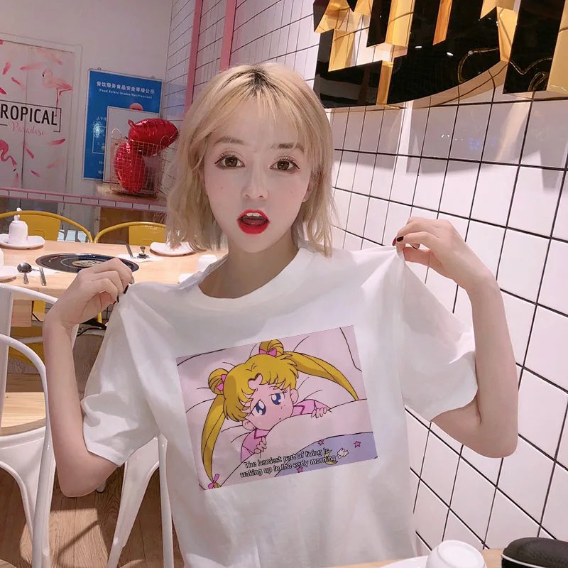 

2019 NEW Sailor Moon Summer New Fashion Tops Large Size Loose Cartoon Letter Print Harajuku Short Sleeve Fun ulzzang T-Shirt