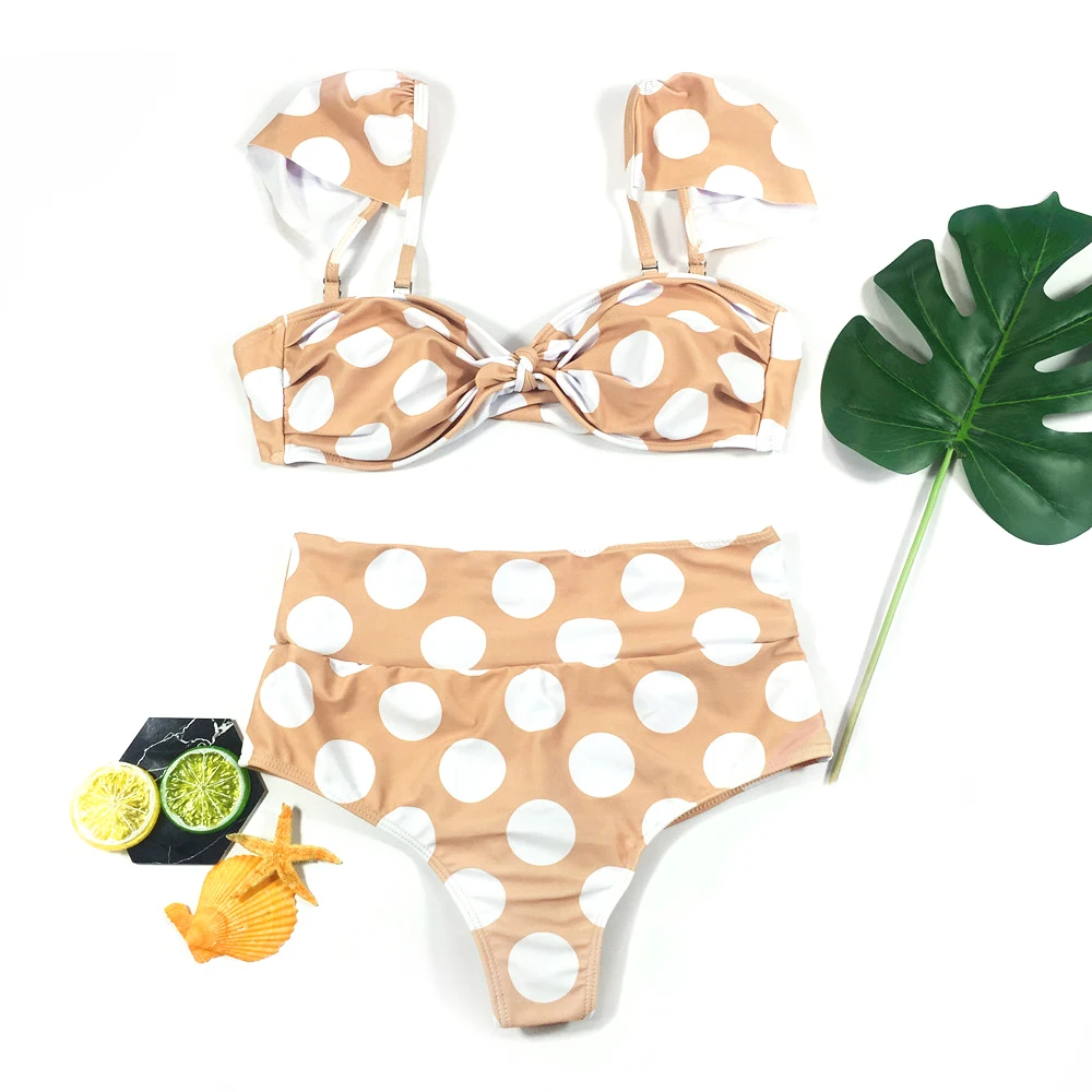 Sexy Retro Lovely Floral/Dot Front Bow Knot Tie Biquini Removable Sleeve Bathing Suit High Waist Swimsuit Swimwear Women Bikini
