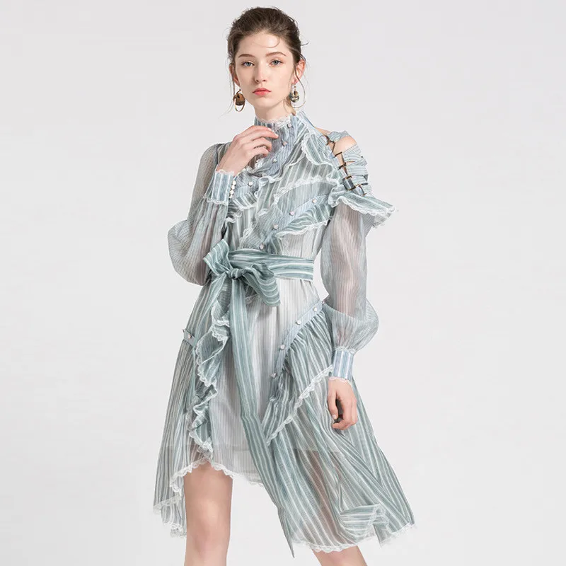 

High Quality New Fashion 2018 Women Stand Neck Long Sleeves Striped Paint Ruffled Sexy Cross Straps Strapless Irregular Dress