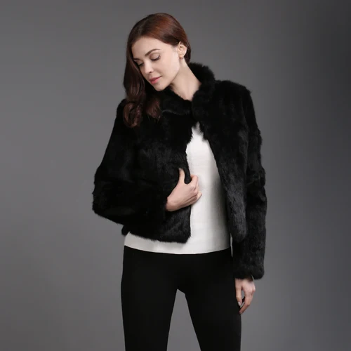 Лидер продаж, Женское пальто из натурального кроличьего меха, пальто из меха кролика, тонкое пальто из натурального кроличьего меха, куртка из натурального меха - Цвет: black