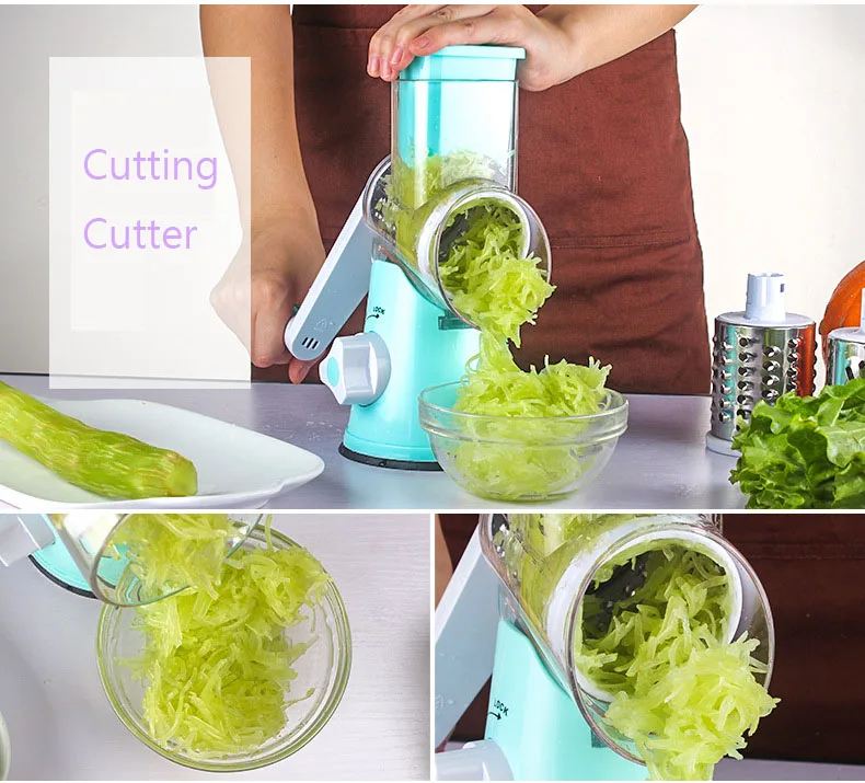 Manual Hand Safe Grater Vegetable Cutter Peeler Cutting Dicer Spiralizer Slicer Chopper 3 Interchangeable Round Rotary Blades