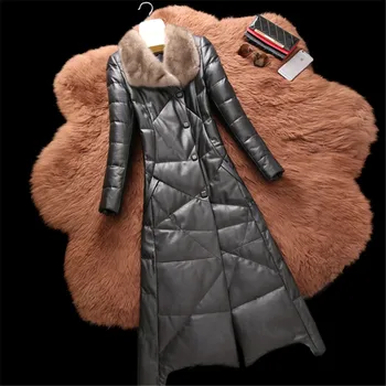 

2018 Women Jacket Autumn Winter Leather Down Parkas High Quality Long Water Mink Fur Collar Warm Sheep Skin Outerwear Lady N507