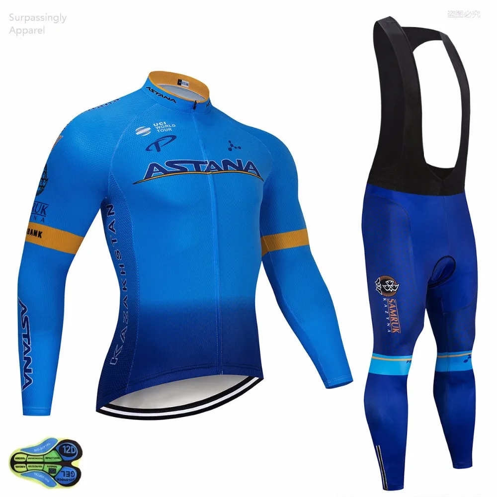 

Autumn 2019 ASTANA Blue Cycling Jacket Pants Suit Ropa Ciclismo Men 12D Padding Windproof Pro Bicycling Maillot Culotte Wear