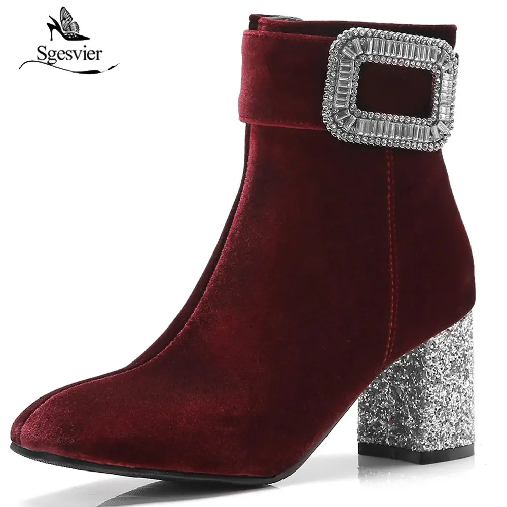

Sgesvier 2018 Big Size Suede Ladies Black Block High Heel Bootie Shoes Autumn Footwear Zipper Rhinestone Ankle Boots Women B740