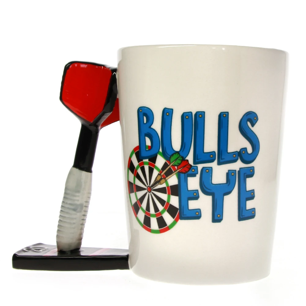 

Bullseye Dart Shaped Handle Ceramic Mug Unusual Cup Bulls Eye Coffee Cafe Milk Mug with Dart Handle Dart Player Champions Gift