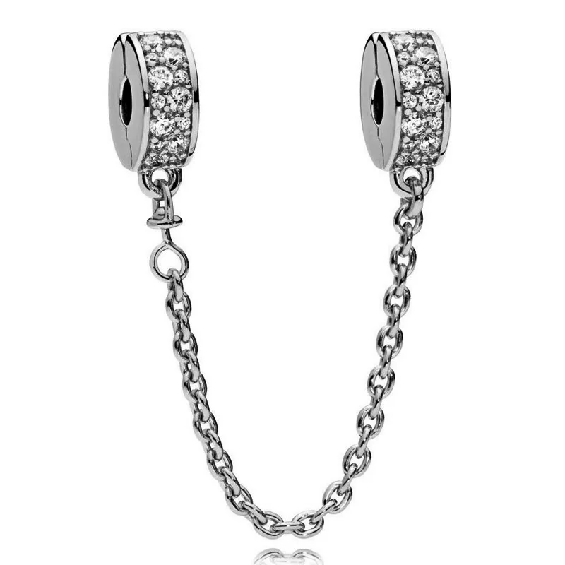 

New 925 Sterling Silver Bead Charm Silver Shining Elegance With Crystal Safety Chain Bead Fit Pandora Bracelet Diy Jewelry