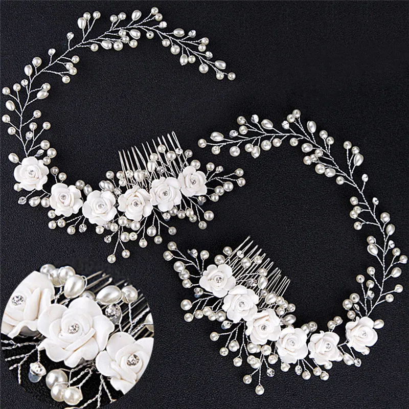 Hair Accessories Luxury Wedding Hair Jewelry For Bridal Pure White Flowers Imitation Pearl Hand Made Headdress Women