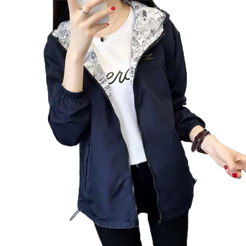 2018 Spring Autumn Women Basic Jacket Pocket Zipper Hooded Two Side Wear Cartoon Print Outwear Loose Coat Windbreaker Female