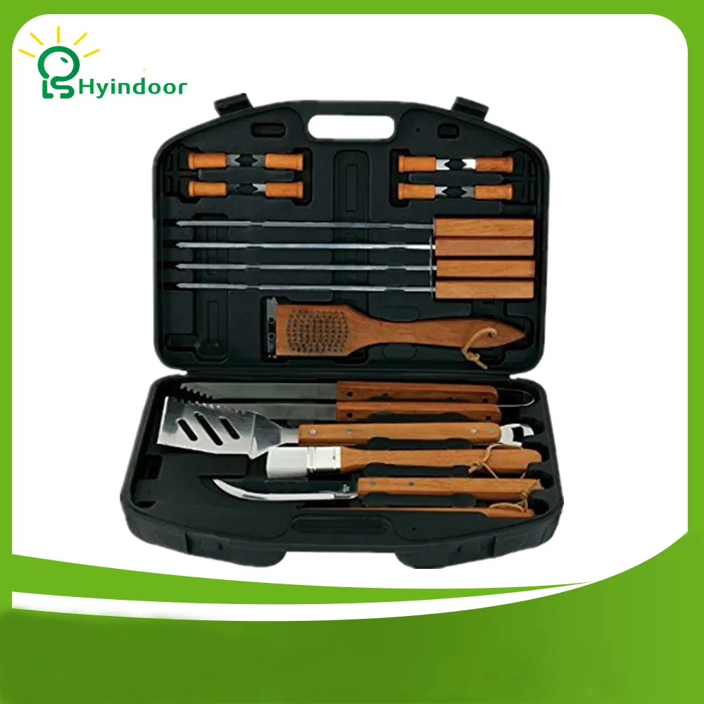 18 Piece Stainless Steel Barbecue Tool Sets Storage Case Packed Wood