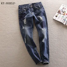 Women Harajuku Ripped Hole Jeans New BF Style Jeans Casual Wearing Retro Denim Jeans Roll up Cross Haren Pencil Jeans Plus Size
