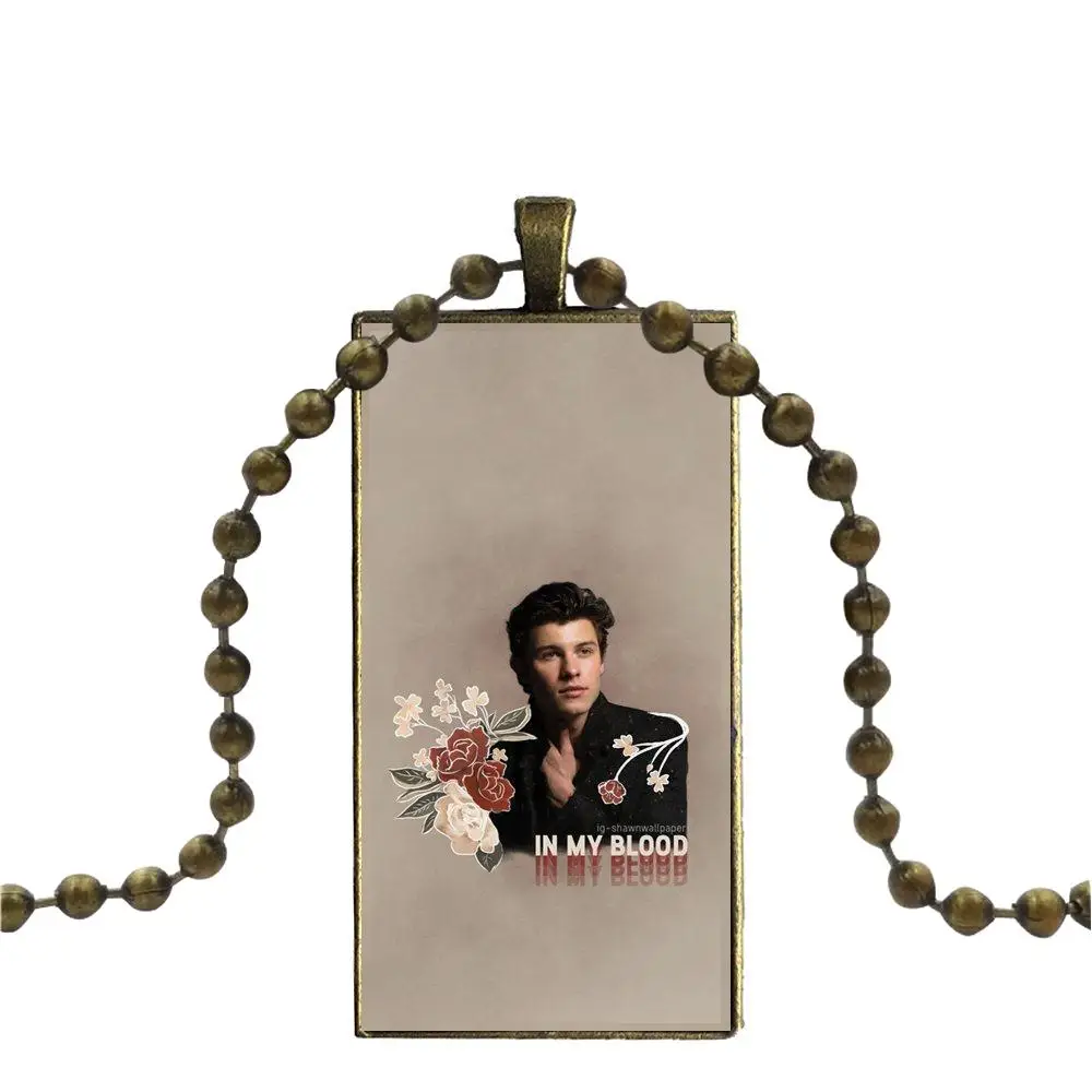 Певец Шон Мендес 1998 для Для женщин свадебные Винтаж ювелирные изделия бронза Цвет Стекло кабошон кулон длинные прямоугольное ожерелье