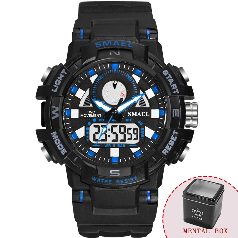 SMAEL для мужчин часы водонепроницаемые белые часы для мужчин светодиодные цифровые армейские часы спортивные Relogio Feminino 1557B детские часы водонепроницаемые - Цвет: Blue Box