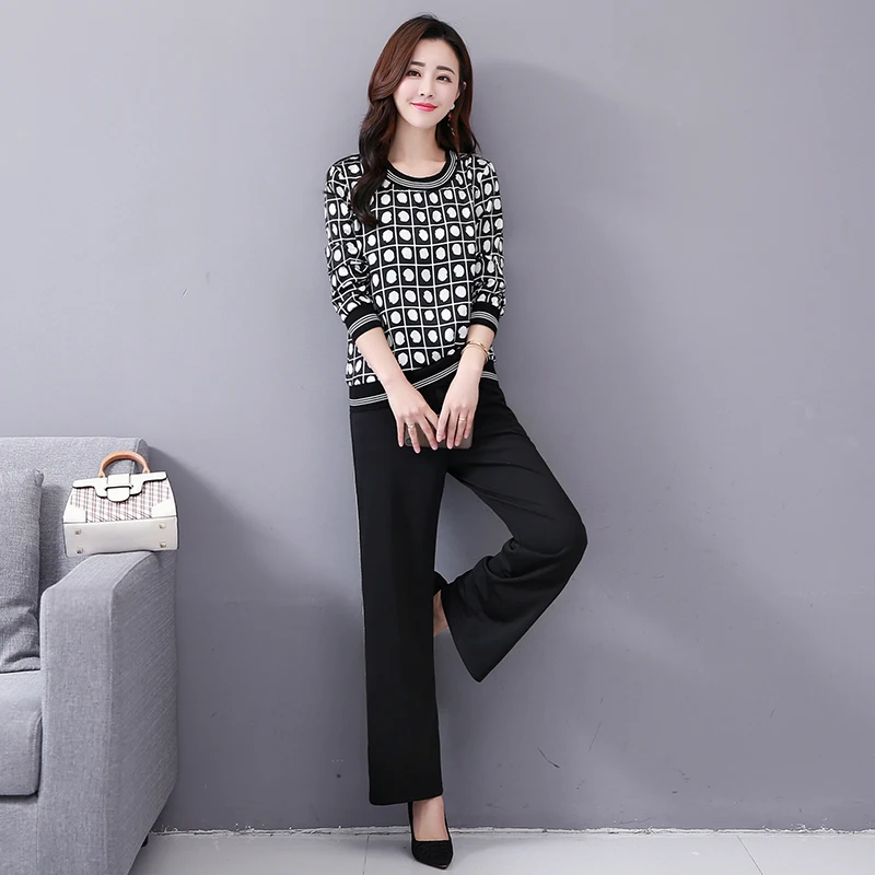 M-5x Autumn Black Printed Two Piece Sets Women Plus Size Long Sleeve Tops And Pants Suits Korean Elegant Office 2 Piece Sets