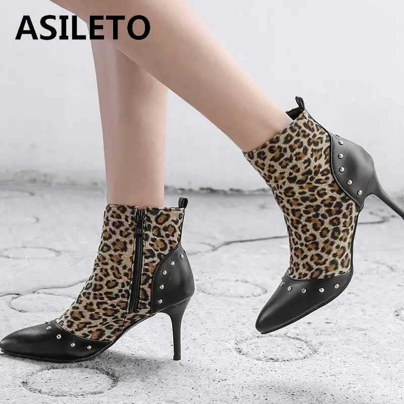 

ASILETO large size 33-46 ankle boots for women thin high heels booties pointed toe pu+ flock retro short studded leopard booties