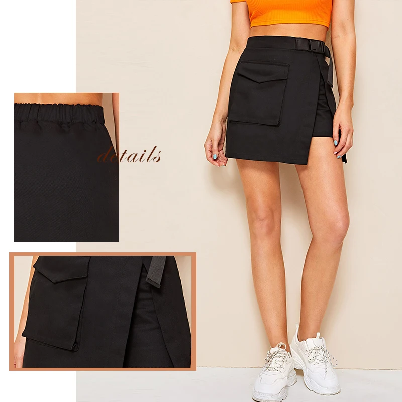 SweatyRocks черная юбка с карманами модная летняя уличная однотонная Спортивная юбка с поясом Женская стильная мини-юбка