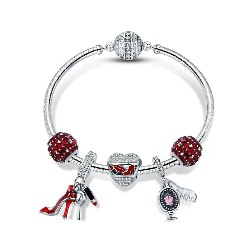 

Authentic 925 Sterling Silver Red Enamel Heart Women Shoes Cosmetic Bracelets & Bangles for Women Silver Jewelry SCB802