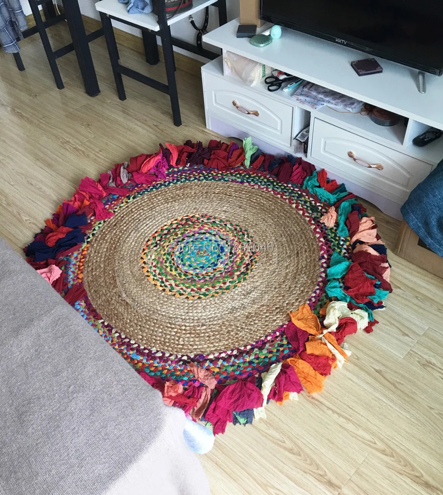 Новинка года. Круглый ковер в индийском стиле для Юго-Восточной Азии. Ковер из натурального джута диаметром 120 см. Радужный ковер ручной работы. Ковер для детской комнаты