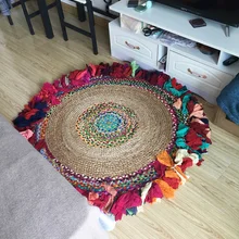 Новинка года. Круглый ковер в индийском стиле для Юго-Восточной Азии. Ковер из натурального джута диаметром 120 см. Радужный ковер ручной работы. Ковер для детской комнаты