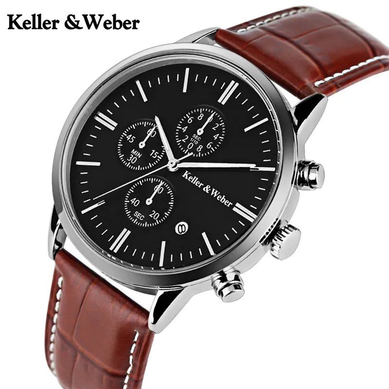 

Keller & Weber 30ATM Water Resistant Wrist Watch Classic Genuine Leather Band Strap Dress Date Display Quartz Mens Watch