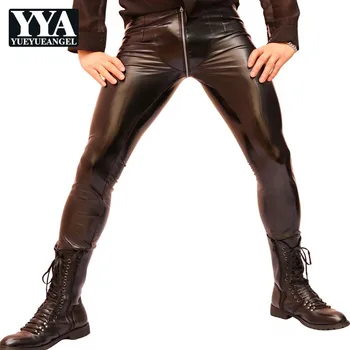 

Sexy High Elastic Skinny PVC Faux Leather Mens Night Clubwear Pants Punk Zipper Low Wasit Motorcycle Spring Thin Pencil Pants