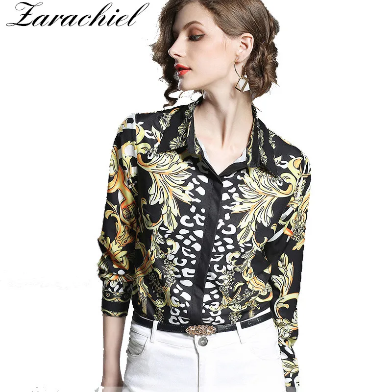 

Luxury Golden Floral Print Vintage Blouse 2019 Women Spring Autumn Fashion Long Sleeve OL Office Lady Work Wear Shirt Tops XXL