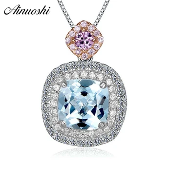 

AINUOSHI 2.5 Carat Cushion Cut Natural Topaz Halo Pendant 925 Silver Square Pink Pendant Fine Party Engagement Necklace Jewelry