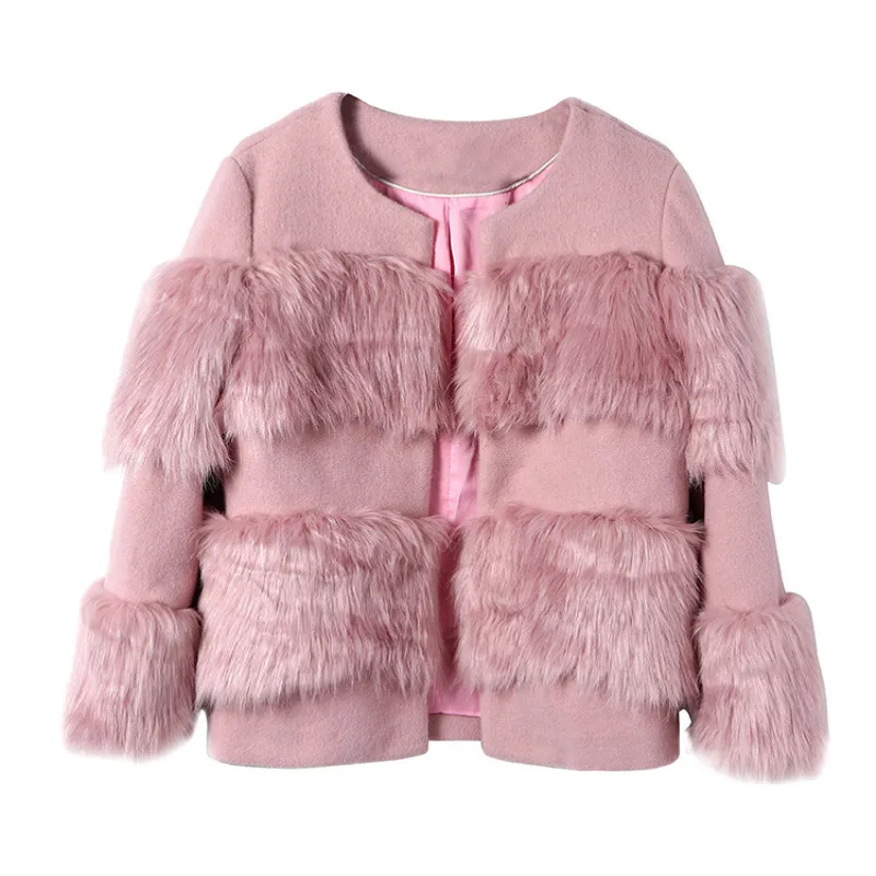 Pink WOmen's Faux Fur Coat 2018 Runway Fake Fur patchwork Wool Coat Short Winter Jacket Women outwear manteau fourrure femme Pink WOmen's Faux Fur Coat 2018 Runway Fake Fur patchwork Wool Coat Short Winter Jacket Women outwear manteau fourrure femme