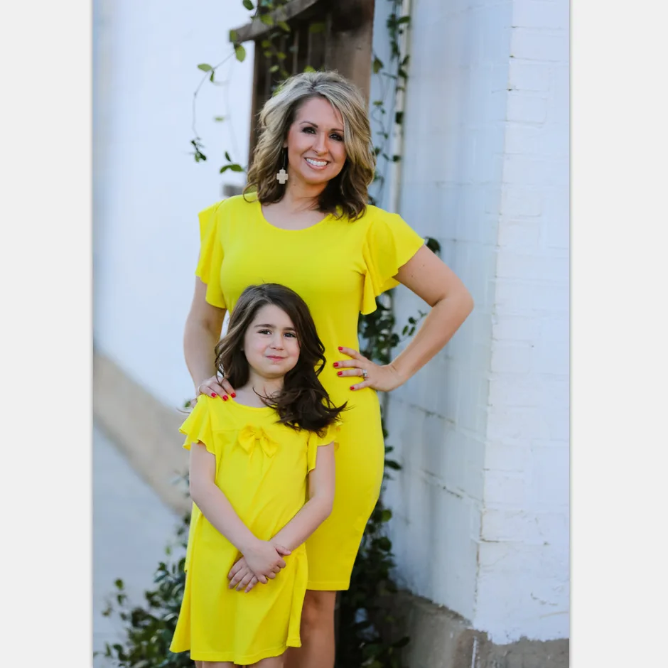 

ZOGAA 2019 Spring and Summer Pure Colored Lotus Leaf Cuff Buttock Parent Skirt Hip Skirt Mommy and Me Clothes Yellow Dress