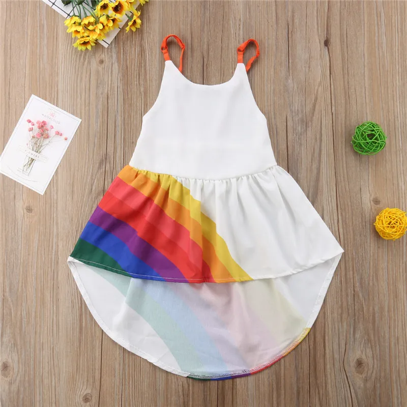 

Princess Kids Baby Girls clothes backless strap round neck sleeveless Toddler rainbow print Irregular cotton Dresses one pieces