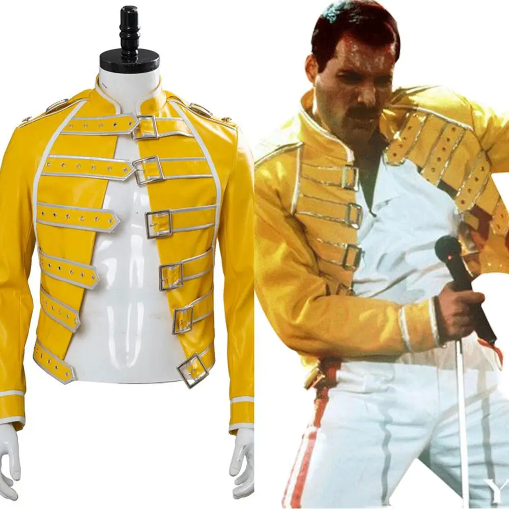 Queen Freddie Mercury желтый костюм Косплей куртка кожаное пальто костюм| |
