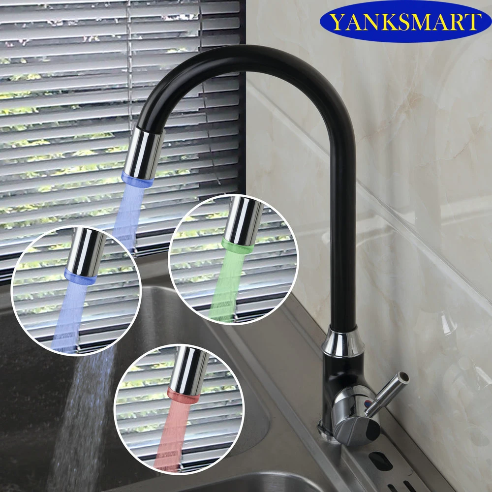 Luxury Black Painting Brass Finish LED Modern Finished Swivel Kitchen Faucet Deck Mounted Hot Cold Mixer